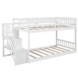 SOFTSEA Twin Over Twin Low Bunk Bed with Stairs Solid Wood Floor Bunk Beds for Boys and Girls Floor Bunk Bed No Box Spring Required (White)