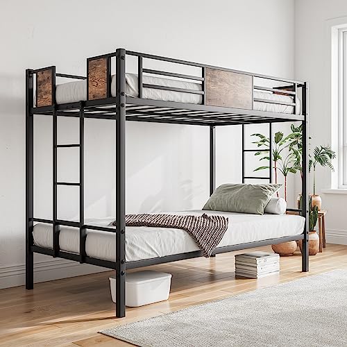 VECOCHO Metal Bunk Bed Twin Over Twin with 2- Side Ladder and Full-Length Guardrail，Space-Saving Design/No Box Spring Needed/Noise Free,Black & Vintage Brown