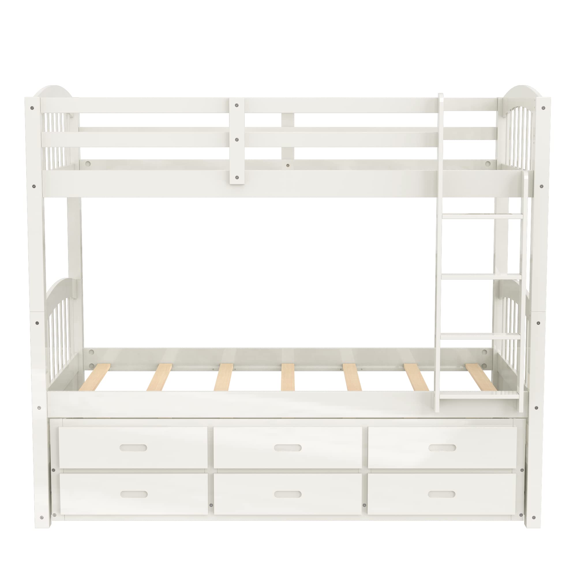 Harper & Bright Designs Twin Over Twin Bunk Bed with Ladder and Storage Drawers, Wood Bunk Bed with Safety Rail and Trundle for Kids Teens Adults, No Box Spring Required (White)