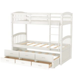 Harper & Bright Designs Twin Over Twin Bunk Bed with Ladder and Storage Drawers, Wood Bunk Bed with Safety Rail and Trundle for Kids Teens Adults, No Box Spring Required (White)