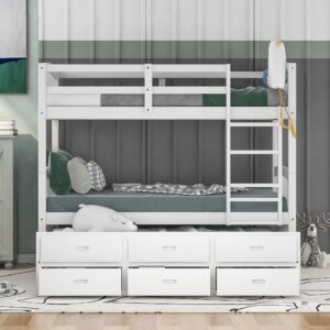 Harper & Bright Designs Twin Over Twin Bunk Bed with Ladder and Storage Drawers, Wood Bunk Bed with Safety Rail and Trundle for Kids Teens Adults, No Box Spring Required (White)