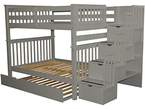 Bedz King Stairway Bunk Beds Full over Full with 4 Drawers in the Steps and a Twin Trundle, Gray