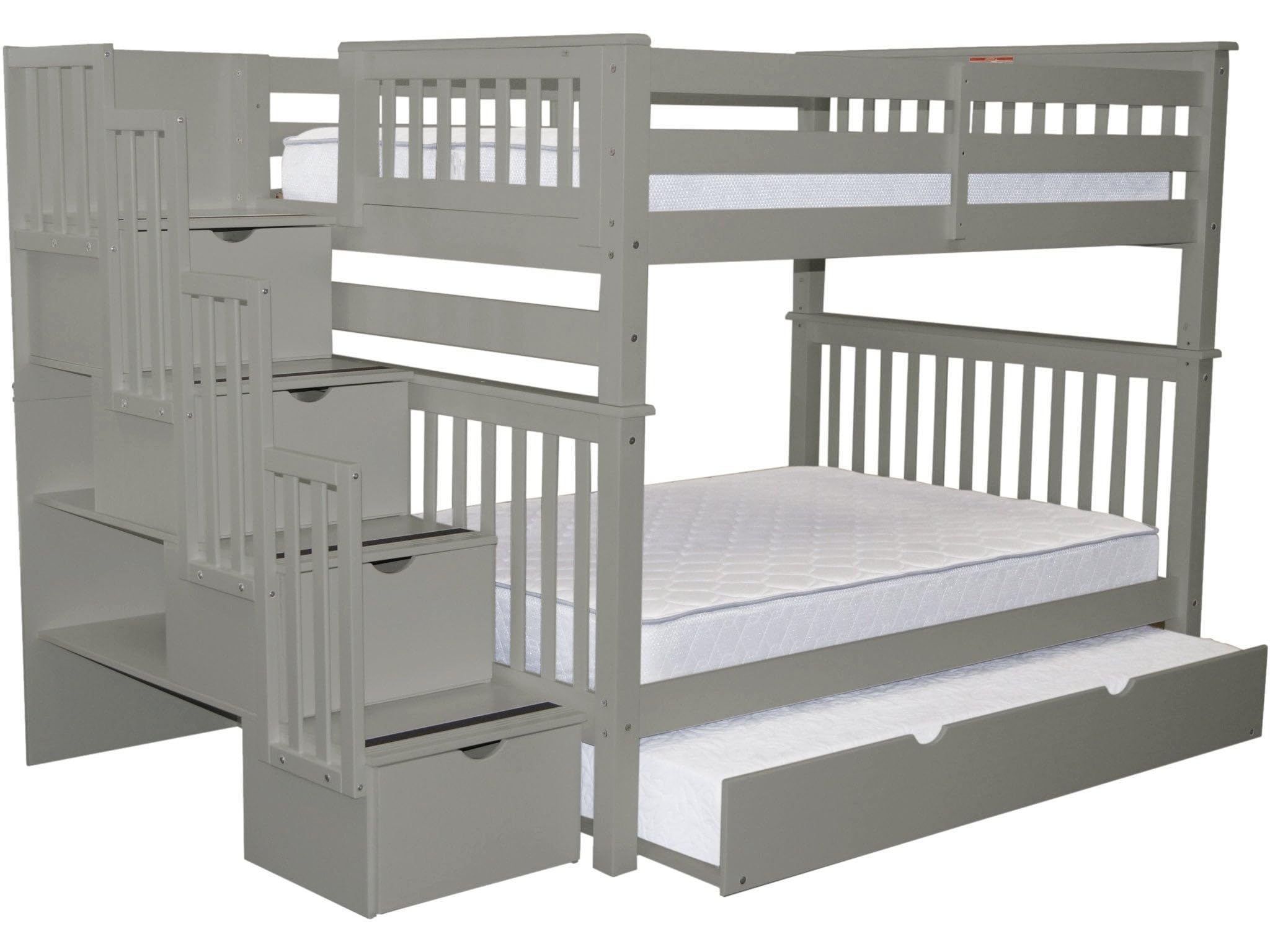 Bedz King Stairway Bunk Beds Full over Full with 4 Drawers in the Steps and a Twin Trundle, Gray