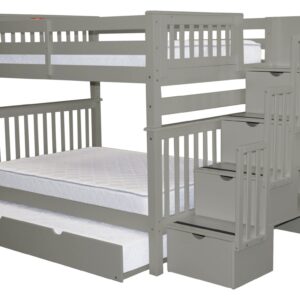 Bedz King Stairway Bunk Beds Full over Full with 4 Drawers in the Steps and a Twin Trundle, Gray