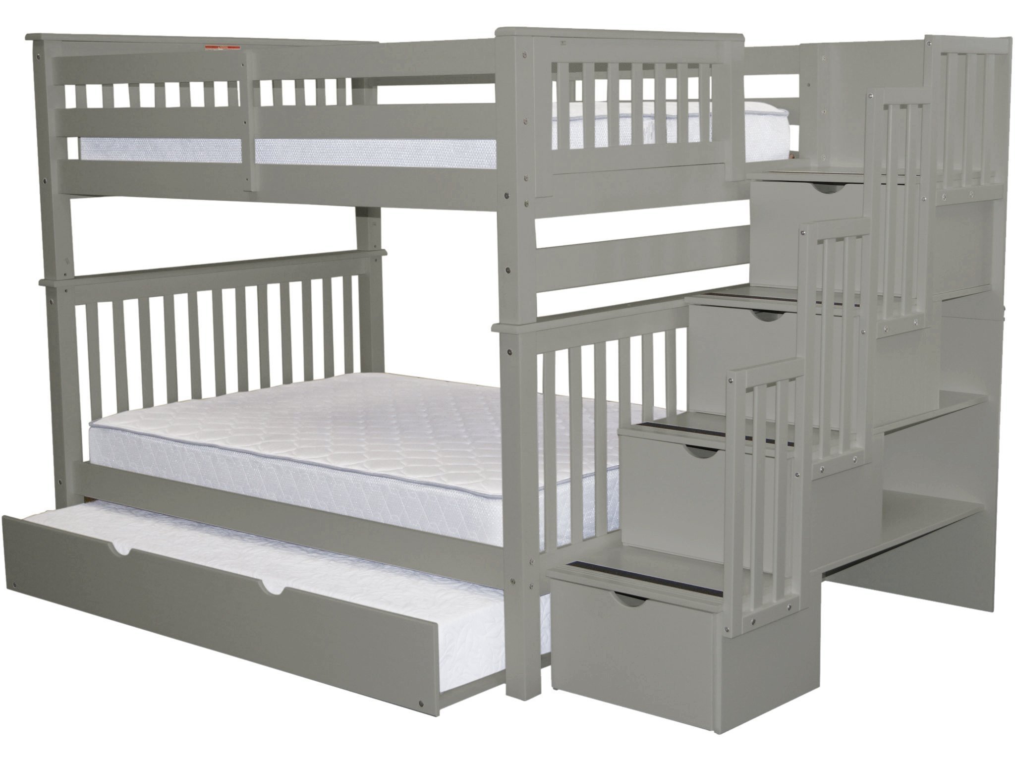 Bedz King Stairway Bunk Beds Full over Full with 4 Drawers in the Steps and a Twin Trundle, Gray