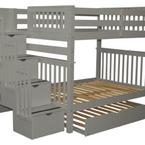 Bedz King Stairway Bunk Beds Full over Full with 4 Drawers in the Steps and a Twin Trundle, Gray