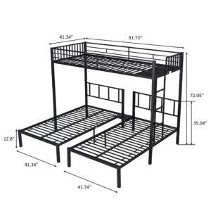 Metal Triple Bunk Bed for 3 People, Can Be Separated into 3 Twin Beds, Twin Over Twin & Twin Bunk Bed with Guardrails for Kids, Teens, Adults (Black)