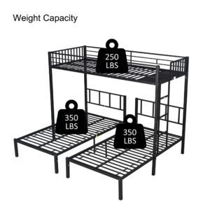 Metal Triple Bunk Bed for 3 People, Can Be Separated into 3 Twin Beds, Twin Over Twin & Twin Bunk Bed with Guardrails for Kids, Teens, Adults (Black)