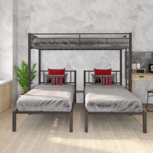 Metal Triple Bunk Bed for 3 People, Can Be Separated into 3 Twin Beds, Twin Over Twin & Twin Bunk Bed with Guardrails for Kids, Teens, Adults (Black)