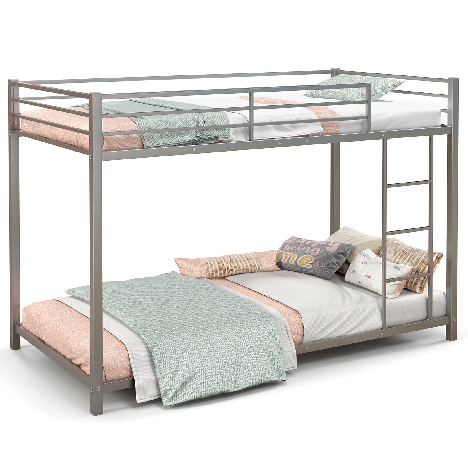 Giantex Metal Bunk Bed Twin over Twin, Low Profile Bunk Bed Frame with Ladder & Full Length Guardrail, Space-saving Twin Size Bed Frame for Kids Teens, No Box Spring Needed (Silver)