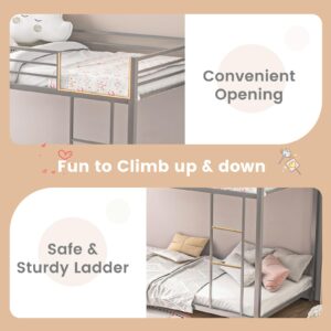 Giantex Metal Bunk Bed Twin over Twin, Low Profile Bunk Bed Frame with Ladder & Full Length Guardrail, Space-saving Twin Size Bed Frame for Kids Teens, No Box Spring Needed (Silver)