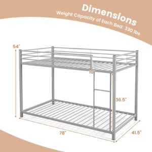 Giantex Metal Bunk Bed Twin over Twin, Low Profile Bunk Bed Frame with Ladder & Full Length Guardrail, Space-saving Twin Size Bed Frame for Kids Teens, No Box Spring Needed (Silver)