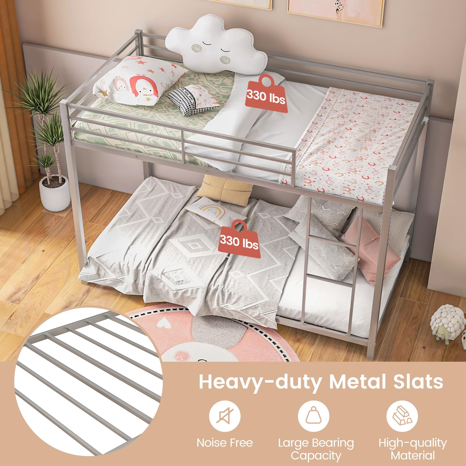 Giantex Metal Bunk Bed Twin over Twin, Low Profile Bunk Bed Frame with Ladder & Full Length Guardrail, Space-saving Twin Size Bed Frame for Kids Teens, No Box Spring Needed (Silver)