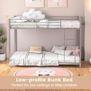 Giantex Metal Bunk Bed Twin over Twin, Low Profile Bunk Bed Frame with Ladder & Full Length Guardrail, Space-saving Twin Size Bed Frame for Kids Teens, No Box Spring Needed (Silver)