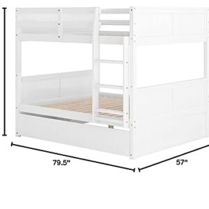 Merax Full Over Full Bunk Bed with Trundle,Wooden Trundle Bed Frame with Ladder Safety Guardrail,Convertible to 2 Platform Beds for Kids Teens,White