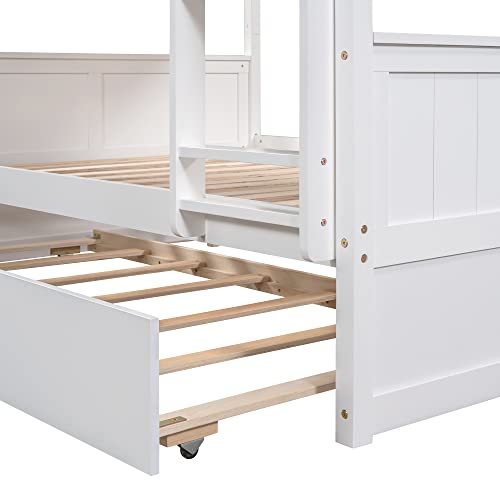 Merax Full Over Full Bunk Bed with Trundle,Wooden Trundle Bed Frame with Ladder Safety Guardrail,Convertible to 2 Platform Beds for Kids Teens,White