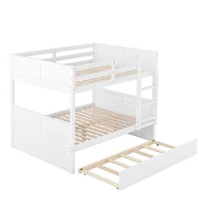 Merax Full Over Full Bunk Bed with Trundle,Wooden Trundle Bed Frame with Ladder Safety Guardrail,Convertible to 2 Platform Beds for Kids Teens,White