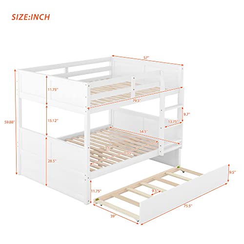 Merax Full Over Full Bunk Bed with Trundle,Wooden Trundle Bed Frame with Ladder Safety Guardrail,Convertible to 2 Platform Beds for Kids Teens,White