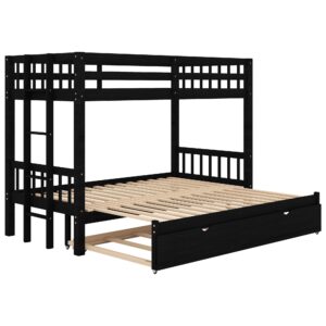 Twin over Double Twin Bunk Bed with Trundle, Convertible Down Bed, Pull-Out Multi-Functional Bunk Bed for 4 People, Wooden Bunk Bed with Ladder and Safety Rail, Espresso