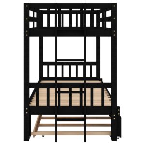 Twin over Double Twin Bunk Bed with Trundle, Convertible Down Bed, Pull-Out Multi-Functional Bunk Bed for 4 People, Wooden Bunk Bed with Ladder and Safety Rail, Espresso