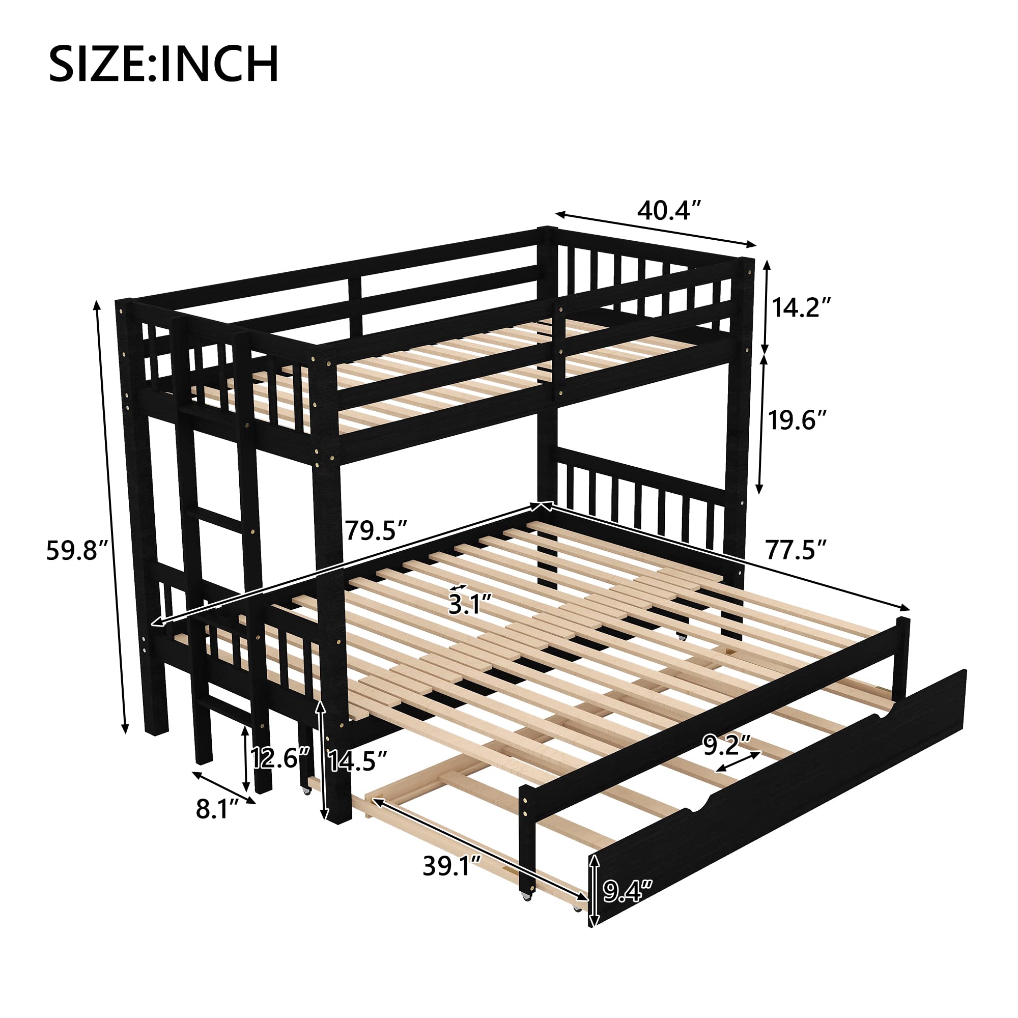 Twin over Double Twin Bunk Bed with Trundle, Convertible Down Bed, Pull-Out Multi-Functional Bunk Bed for 4 People, Wooden Bunk Bed with Ladder and Safety Rail, Espresso