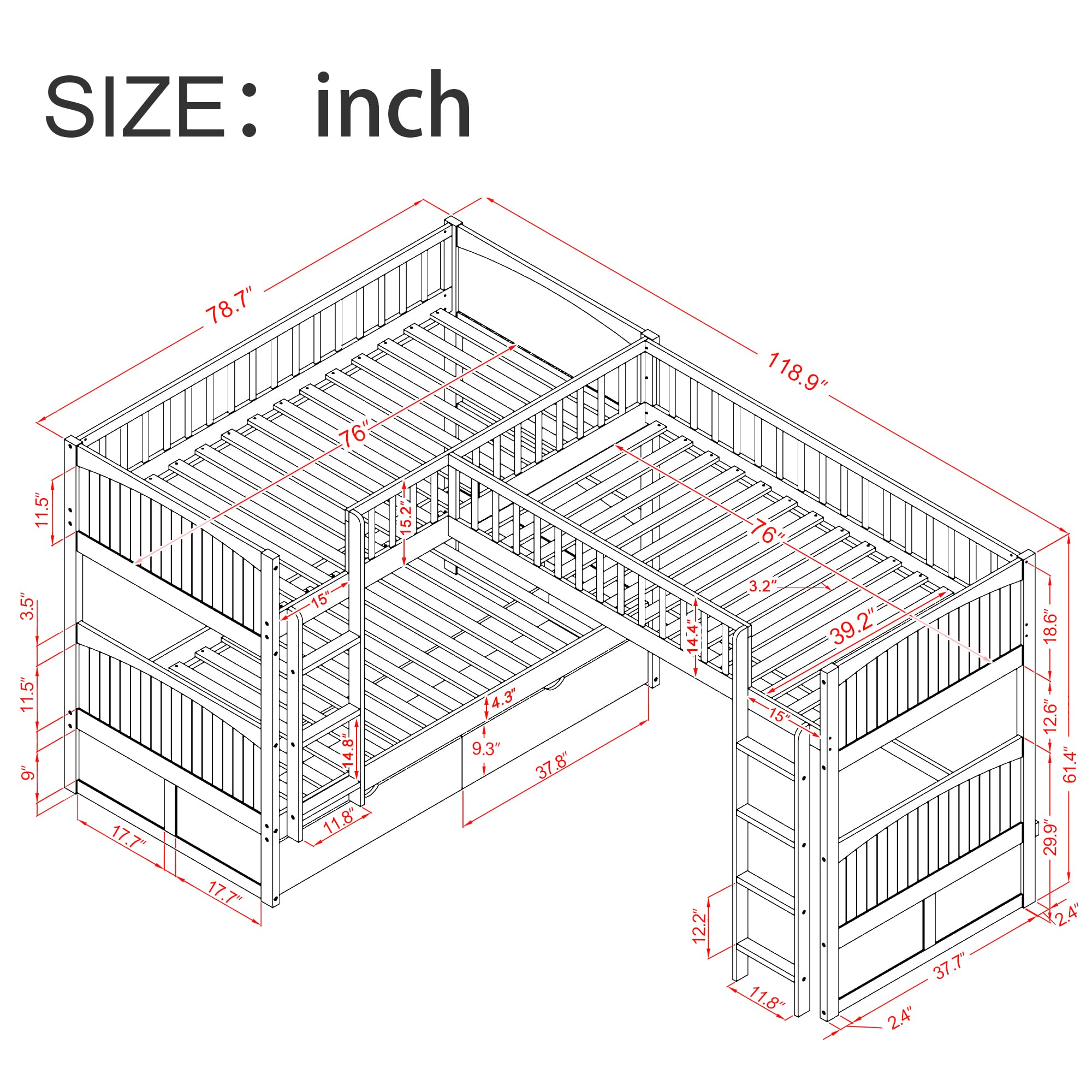 BIADNBZ Twin Over Twin Bunk Bed with a Loftbed Attached, Wood L-Shaped Triple Bunkbeds wth 2 Drawers, for 3 Kids Teens Boys Girls Bedroom, Gray