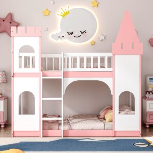 biadnbz twin over twin bunk bed with ladder and door, wooden versatile castle loftbed bedframe, for kids girls teens bedroom, pink