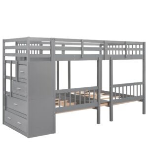 Harper & Bright Designs Triple Bunk Beds with Drawers, Wood Full Over Twin & Twin Bunk Bed with Storage Staircase, Triple Bed for Kids,3 Bed Bunk Beds with Storage for Girls Boys,Grey