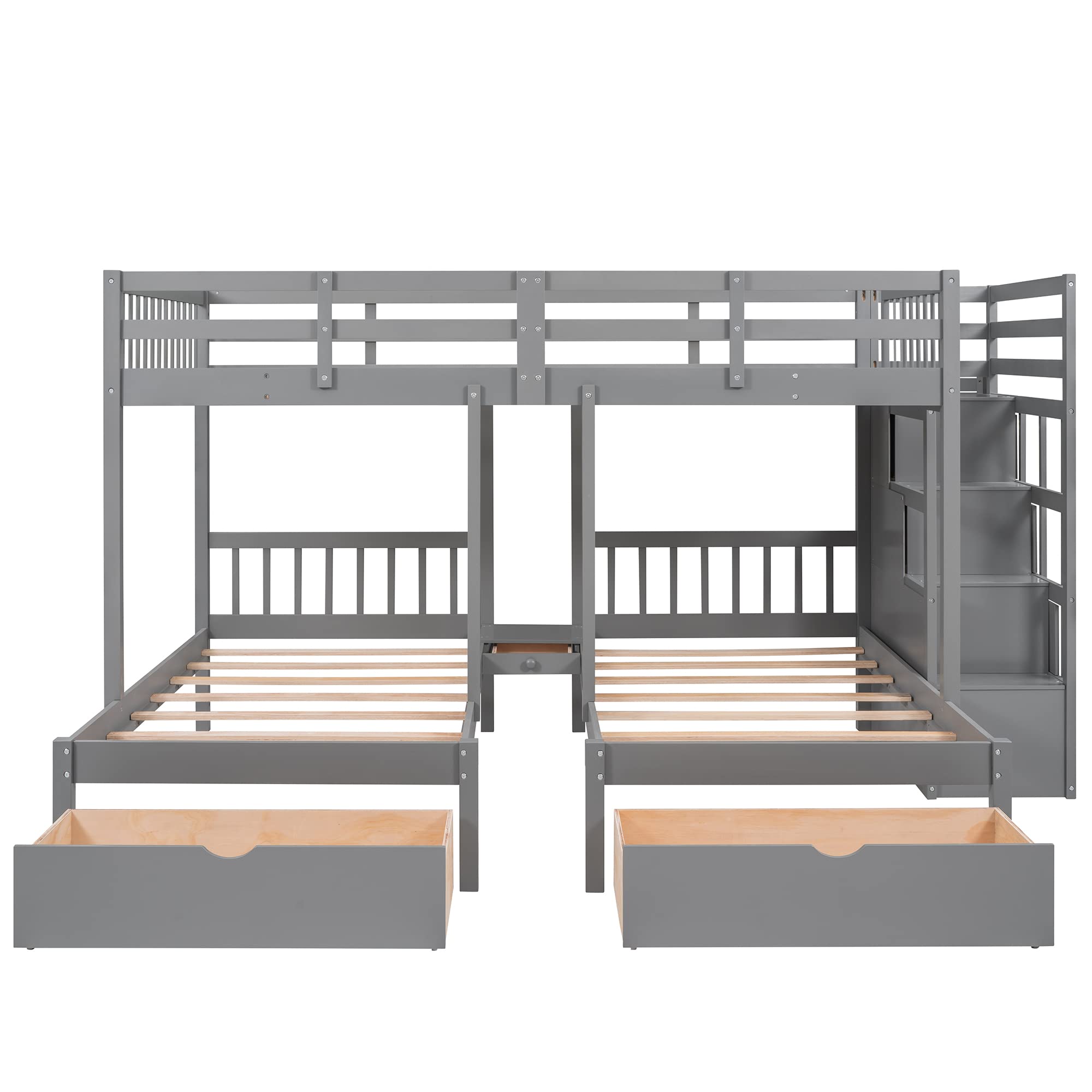 Harper & Bright Designs Triple Bunk Beds with Drawers, Wood Full Over Twin & Twin Bunk Bed with Storage Staircase, Triple Bed for Kids,3 Bed Bunk Beds with Storage for Girls Boys,Grey