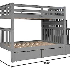 ATY Full Over Full Bunk Bed with Stairs and 6 Storage Drawers, Wood Stairway Bedframe w/ 3 Shelves, Can be Divided into Two Beds, No Box Spring Needed, Gray