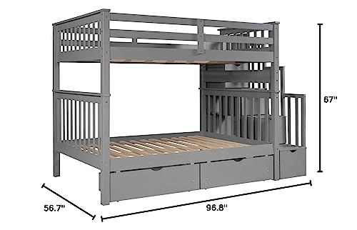 ATY Full Over Full Bunk Bed with Stairs and 6 Storage Drawers, Wood Stairway Bedframe w/ 3 Shelves, Can be Divided into Two Beds, No Box Spring Needed, Gray