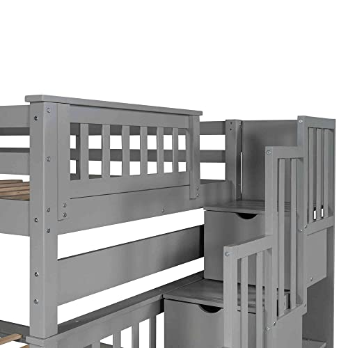 ATY Full Over Full Bunk Bed with Stairs and 6 Storage Drawers, Wood Stairway Bedframe w/ 3 Shelves, Can be Divided into Two Beds, No Box Spring Needed, Gray