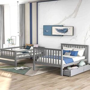 ATY Full Over Full Bunk Bed with Stairs and 6 Storage Drawers, Wood Stairway Bedframe w/ 3 Shelves, Can be Divided into Two Beds, No Box Spring Needed, Gray