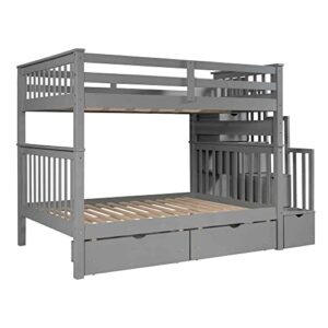 ATY Full Over Full Bunk Bed with Stairs and 6 Storage Drawers, Wood Stairway Bedframe w/ 3 Shelves, Can be Divided into Two Beds, No Box Spring Needed, Gray