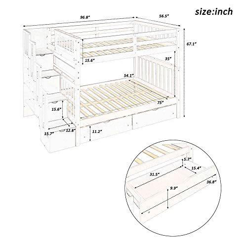 ATY Full Over Full Bunk Bed with Stairs and 6 Storage Drawers, Wood Stairway Bedframe w/ 3 Shelves, Can be Divided into Two Beds, No Box Spring Needed, Gray