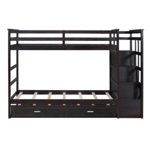 CITYLIGHT Twin Over Twin Bunk Beds with Stairs and Trundle, Bunk Beds with Storage Drawers, Wood Twin Bunk Beds with Trundle and High Length Guardrail for Kids Teens Adults, Espresso