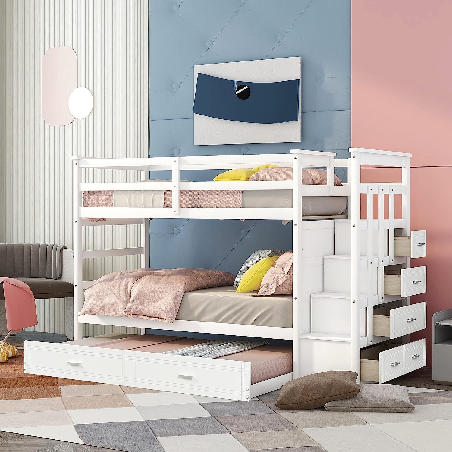 MERITLINE Twin Over Twin Bunk Beds with Stairs and Trundle, Solid Wooden Bunk Bed with Storage, Twin Size Bunk Bed with 4 Drawers and Guardrails. No Box Spring Needed (White)