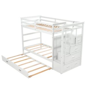 MERITLINE Twin Over Twin Bunk Beds with Stairs and Trundle, Solid Wooden Bunk Bed with Storage, Twin Size Bunk Bed with 4 Drawers and Guardrails. No Box Spring Needed (White)