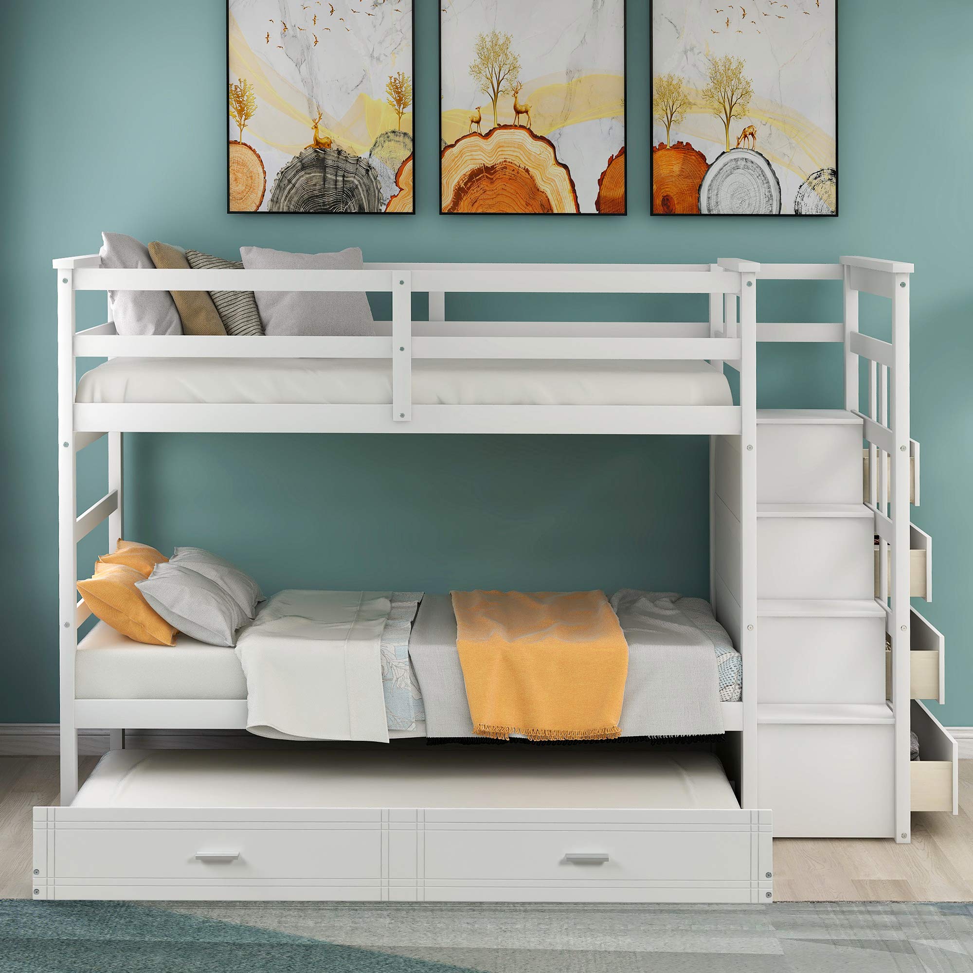 MERITLINE Twin Over Twin Bunk Beds with Stairs and Trundle, Solid Wooden Bunk Bed with Storage, Twin Size Bunk Bed with 4 Drawers and Guardrails. No Box Spring Needed (White)