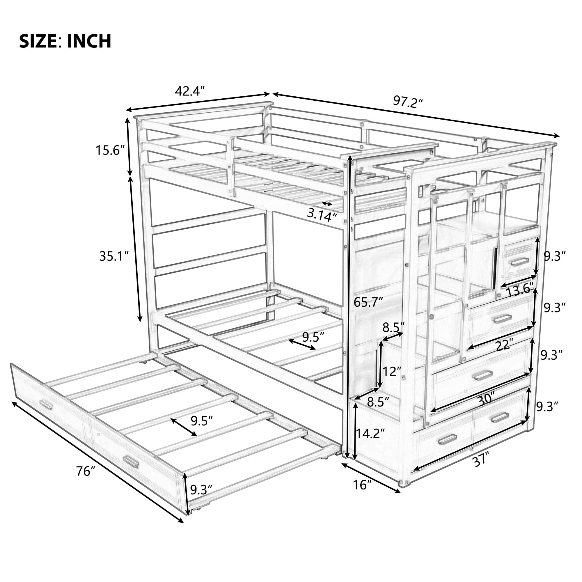 MERITLINE Twin Over Twin Bunk Beds with Stairs and Trundle, Solid Wooden Bunk Bed with Storage, Twin Size Bunk Bed with 4 Drawers and Guardrails. No Box Spring Needed (White)