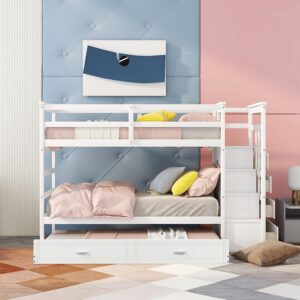 MERITLINE Twin Over Twin Bunk Beds with Stairs and Trundle, Solid Wooden Bunk Bed with Storage, Twin Size Bunk Bed with 4 Drawers and Guardrails. No Box Spring Needed (White)