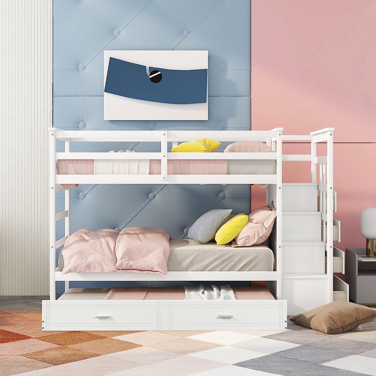 MERITLINE Twin Over Twin Bunk Beds with Stairs and Trundle, Solid Wooden Bunk Bed with Storage, Twin Size Bunk Bed with 4 Drawers and Guardrails. No Box Spring Needed (White)