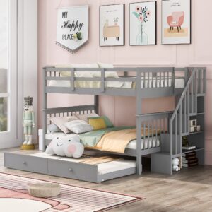 full over full bunk beds with stairs and trundle wood bunk bed frame with staircase and storage shelves for kids teens adult, detachable stairway bunkbed for boys girls, gray