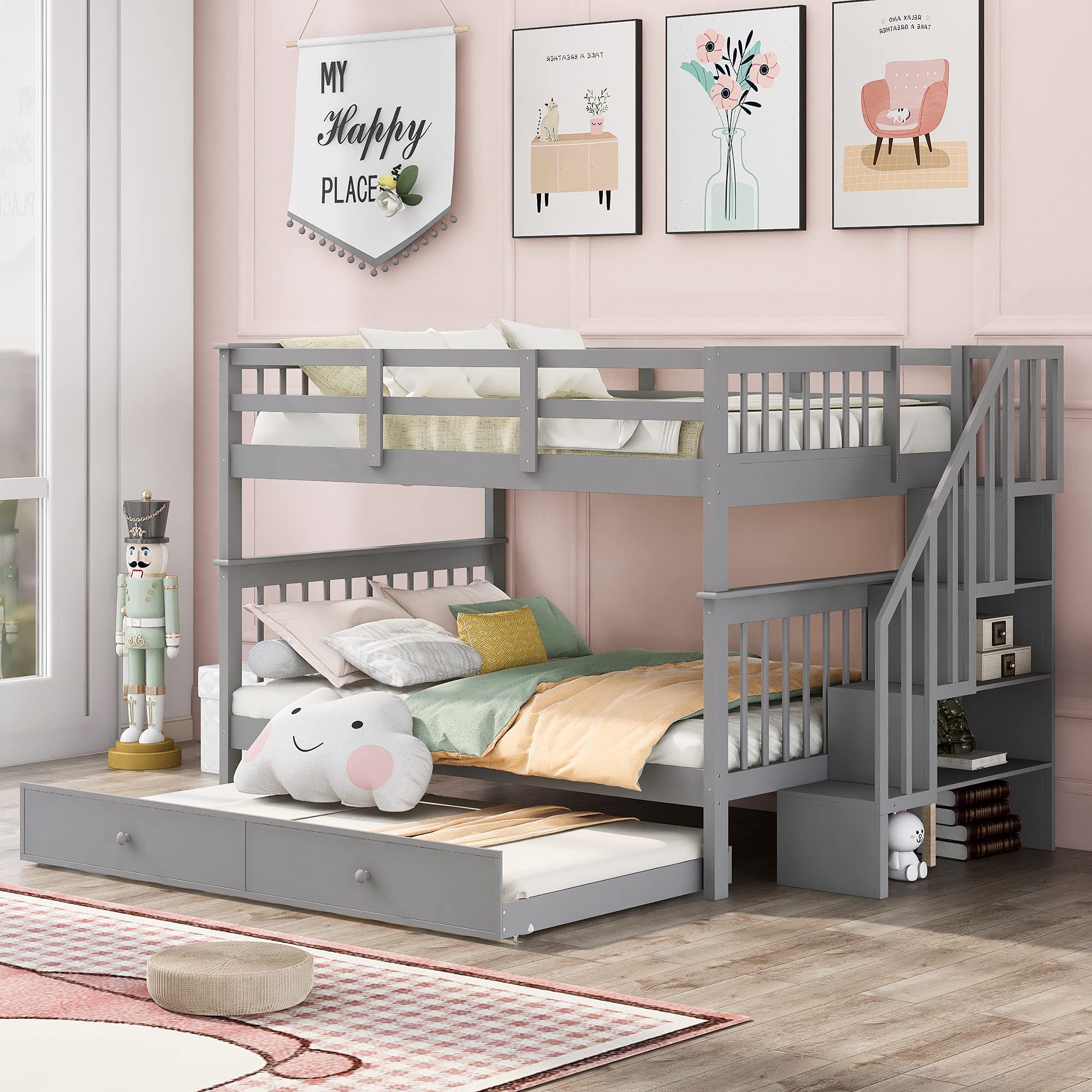 Full Over Full Bunk Beds with Stairs and Trundle Wood Bunk Bed Frame with Staircase and Storage Shelves for Kids Teens Adult, Detachable Stairway Bunkbed for Boys Girls, Gray