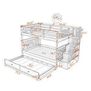 Full Over Full Bunk Beds with Stairs and Trundle Wood Bunk Bed Frame with Staircase and Storage Shelves for Kids Teens Adult, Detachable Stairway Bunkbed for Boys Girls, Gray