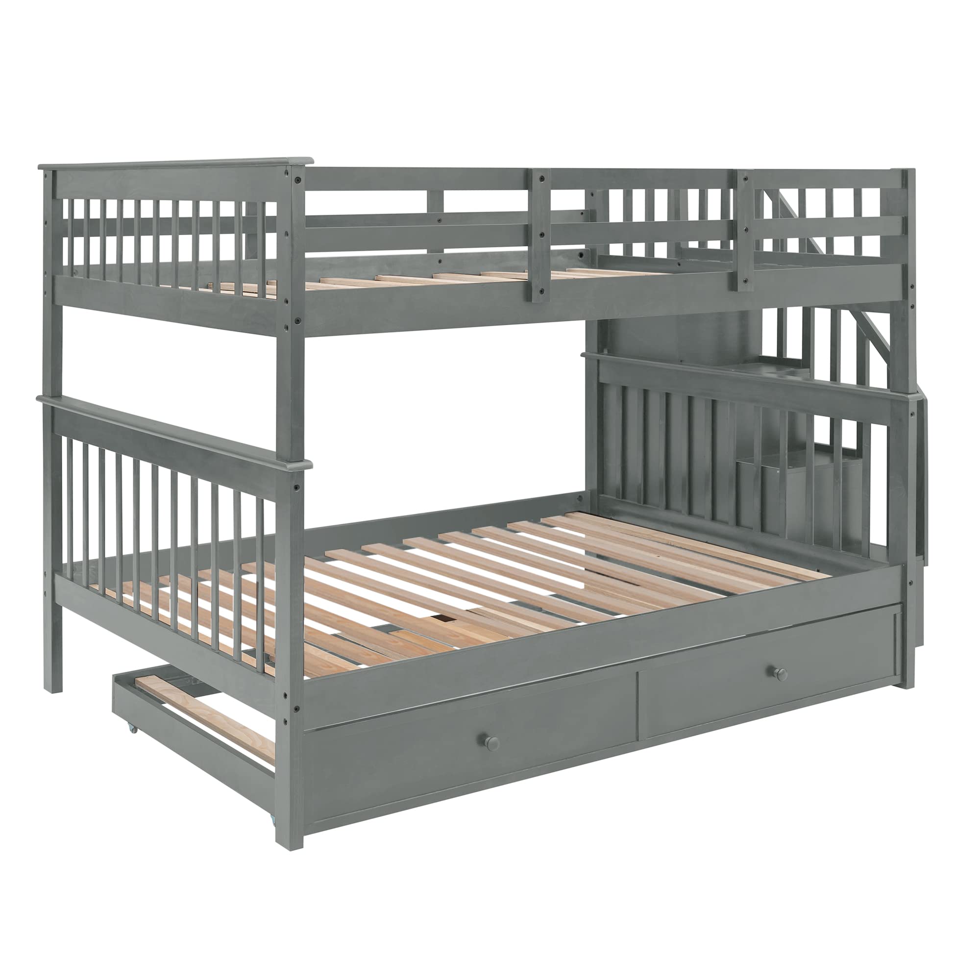 Full Over Full Bunk Beds with Stairs and Trundle Wood Bunk Bed Frame with Staircase and Storage Shelves for Kids Teens Adult, Detachable Stairway Bunkbed for Boys Girls, Gray