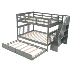 Full Over Full Bunk Beds with Stairs and Trundle Wood Bunk Bed Frame with Staircase and Storage Shelves for Kids Teens Adult, Detachable Stairway Bunkbed for Boys Girls, Gray