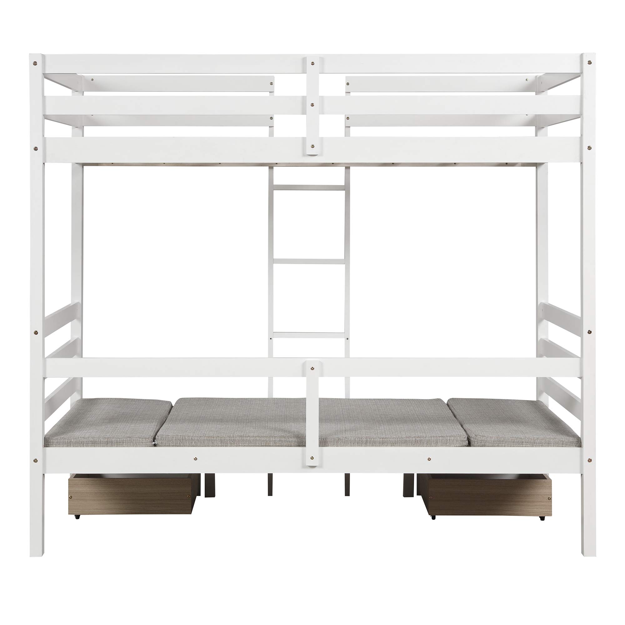 MERITLINE Wood Bunk Bed with 2 Drawers, Twin Loft Bed with Seat and Desk, Can be Turn into Upper Bed and Down Desk, Cushion Sets are Free for Kids, Teens, Girls, Boys, White