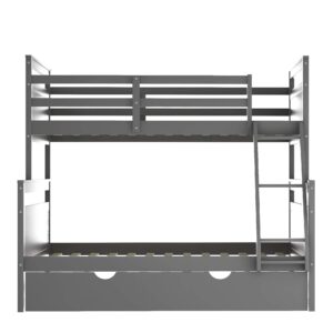 Merax Twin over Full Wood Bunk Bed with Trundle and Safety Guardrail for Teens, Guests，No Box Spring Needed, Gray