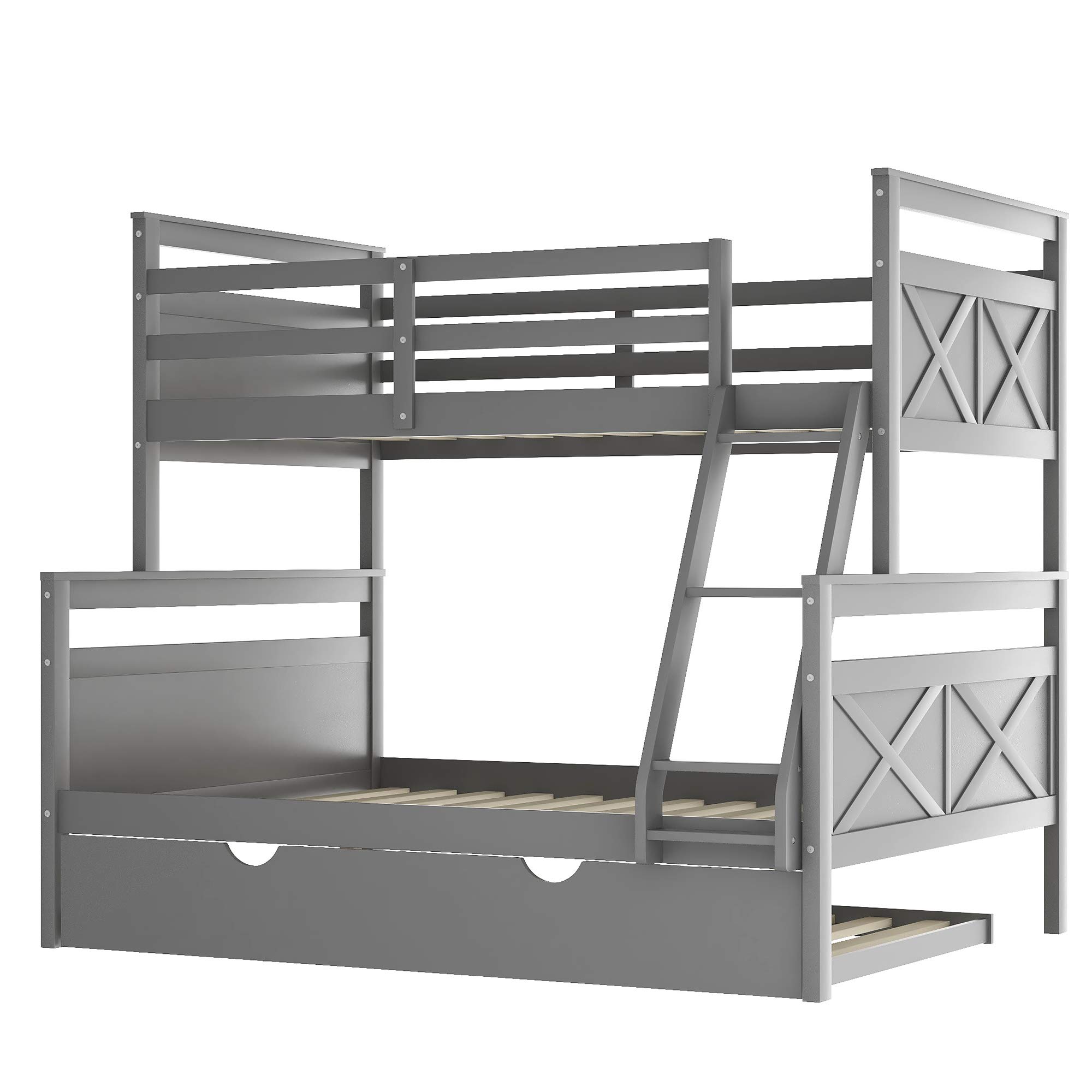 Merax Twin over Full Wood Bunk Bed with Trundle and Safety Guardrail for Teens, Guests，No Box Spring Needed, Gray